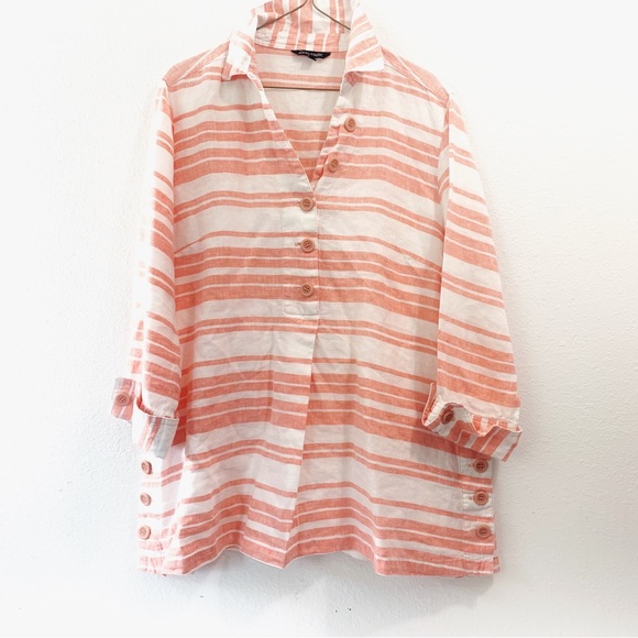 John•Mark Striped Botton Down 100% Linen Top Size Large Like New - Picture 2 of 8